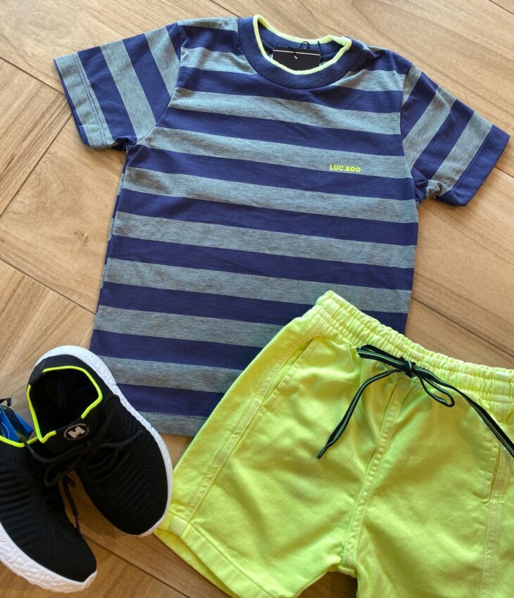 fernandaramoskids com br Conjunto Infantil Masculino Camiseta Listrada e Bermuda Verde 1