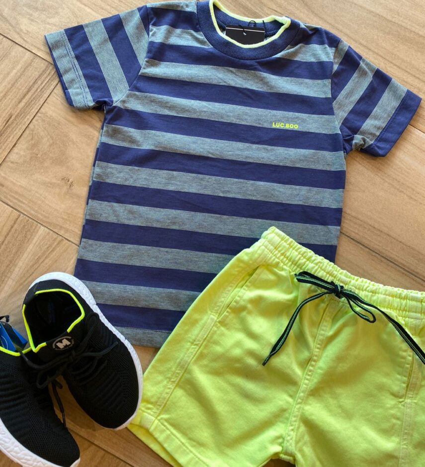 fernandaramoskids com br Conjunto Infantil Masculino Camiseta Listrada e Bermuda Verde 1