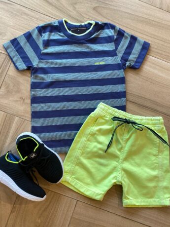 Conjunto Infantil Masculino Camiseta Listrada e Bermuda Verde Fernanda Ramos Kids