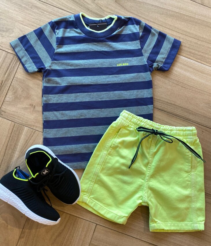 Conjunto Infantil Masculino Camiseta Listrada e Bermuda Verde Fernanda Ramos Kids