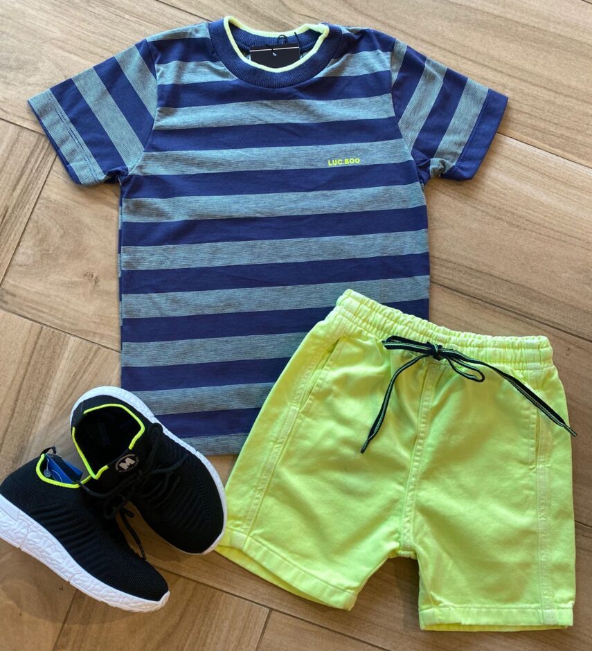 Conjunto Infantil Masculino Camiseta Listrada e Bermuda Verde Fernanda Ramos Kids