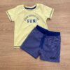 Conjunto Infantil Masculino Camiseta Verde Lima e Bermuda Listrada Azul Fernanda Ramos Kids
