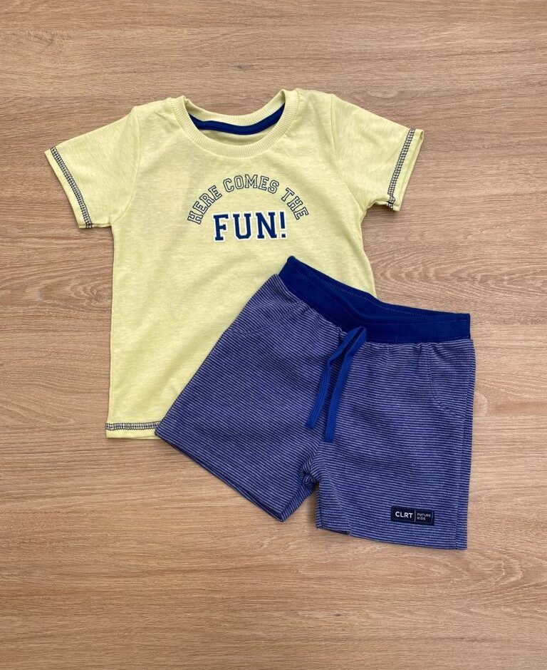 Conjunto Infantil Masculino Camiseta Verde Lima e Bermuda Listrada Azul Fernanda Ramos Kids