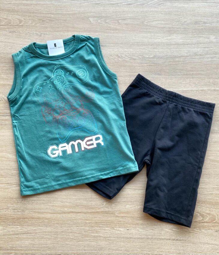 Conjunto Infantil Masculino Regata Gamer e Bermuda Preta Fernanda Ramos Kids