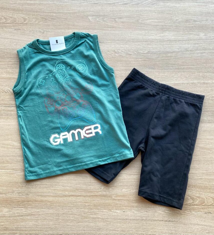 Conjunto Infantil Masculino Regata Gamer e Bermuda Preta Fernanda Ramos Kids