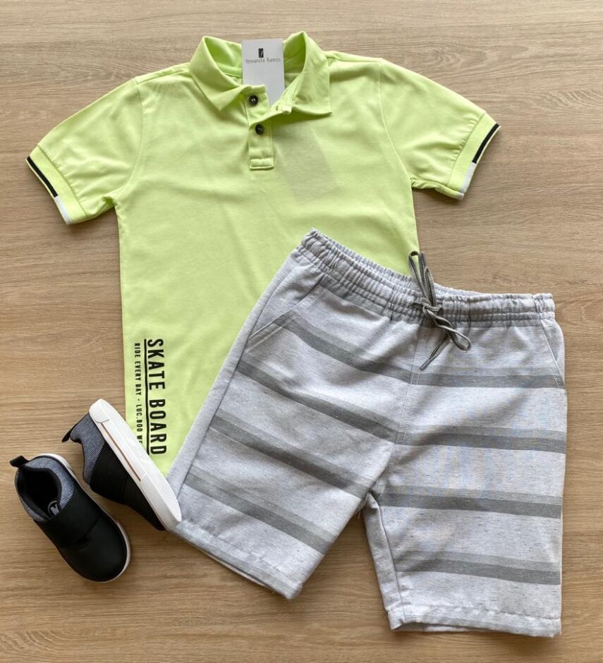 Conjunto Masculino Infantil Camisa Polo Verde e Bermuda Listrada Cinza Fernanda Ramos Kids