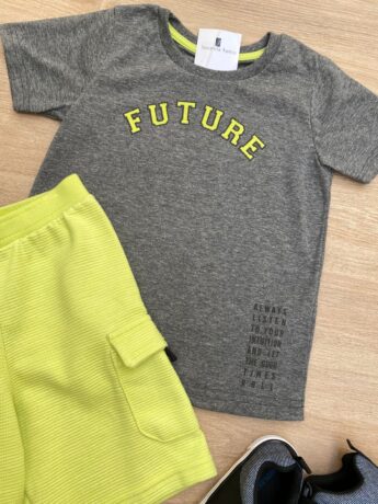 fernandaramoskids com br Conjunto Masculino Infantil Camiseta Future Cinza e Bermuda Verde1