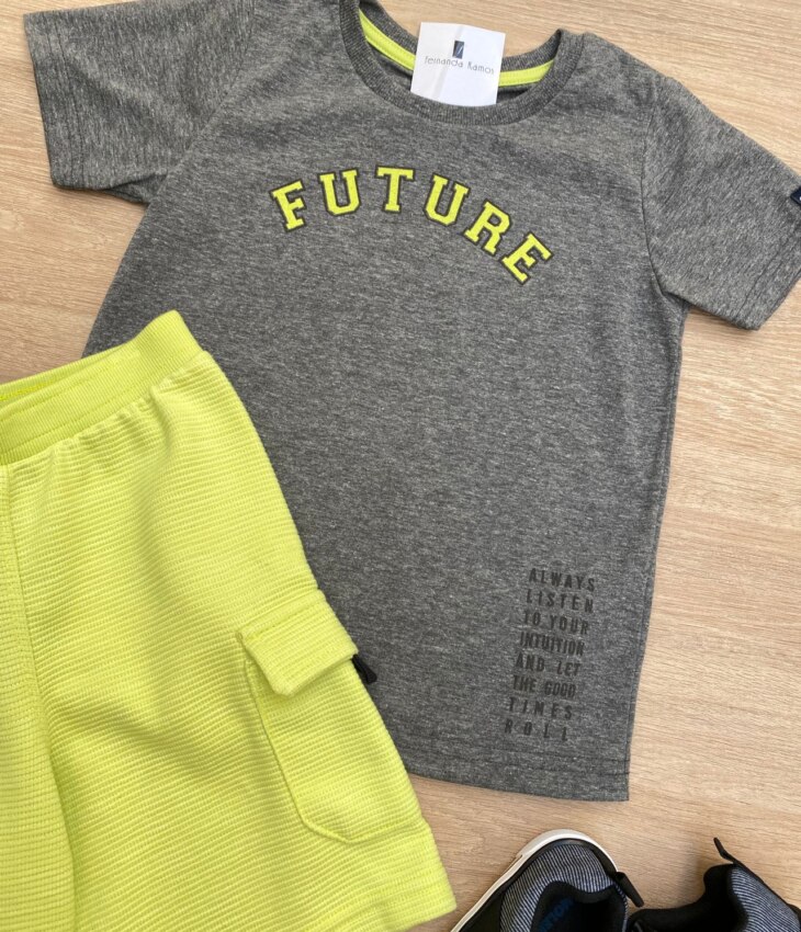 fernandaramoskids com br Conjunto Masculino Infantil Camiseta Future Cinza e Bermuda Verde1