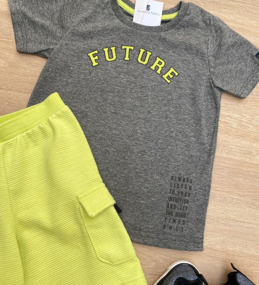 fernandaramoskids com br Conjunto Masculino Infantil Camiseta Future Cinza e Bermuda Verde1