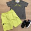 Conjunto Masculino Infantil Camiseta Future Cinza e Bermuda Verde Fernanda Ramos Kids
