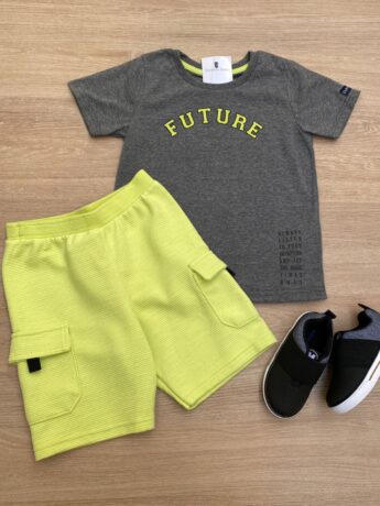 Conjunto Masculino Infantil Camiseta Future Cinza e Bermuda Verde Fernanda Ramos Kids