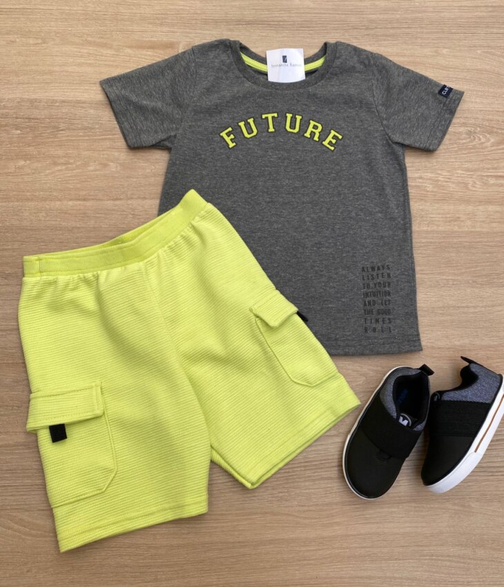Conjunto Masculino Infantil Camiseta Future Cinza e Bermuda Verde Fernanda Ramos Kids