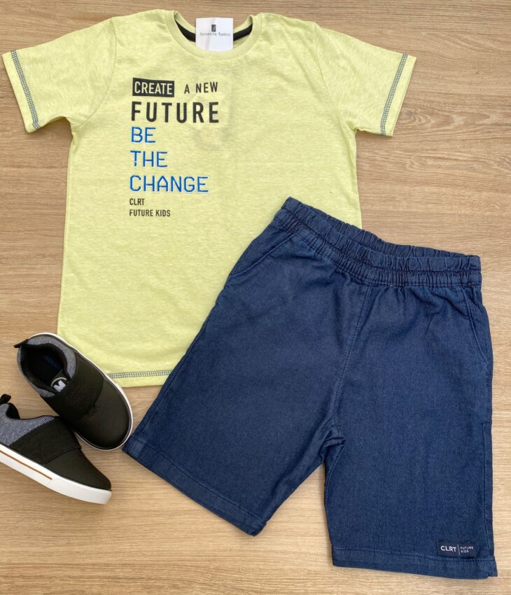 fernandaramoskids com br Conjunto Masculino Infantil Camiseta Future Verde e Bermuda Jeans1