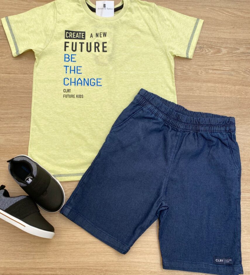 fernandaramoskids com br Conjunto Masculino Infantil Camiseta Future Verde e Bermuda Jeans1