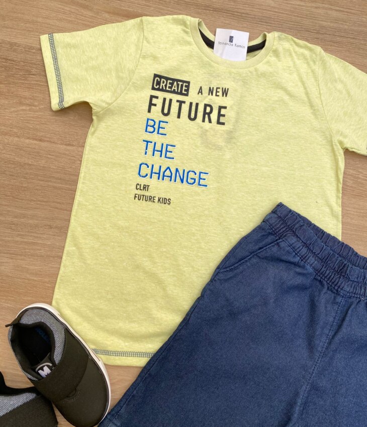 fernandaramoskids com br Conjunto Masculino Infantil Camiseta Future Verde e Bermuda Jeans2