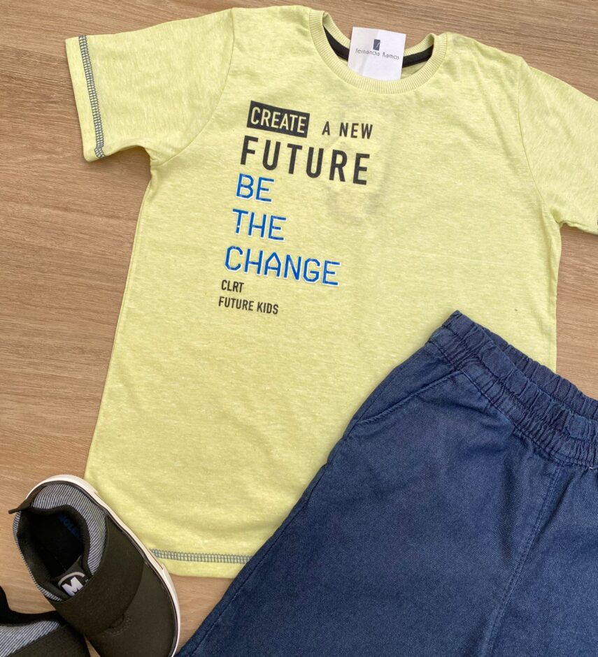 fernandaramoskids com br Conjunto Masculino Infantil Camiseta Future Verde e Bermuda Jeans2