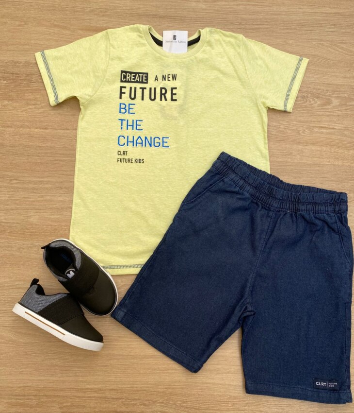 Conjunto Masculino Infantil Camiseta Future Verde e Bermuda Jeans Fernanda Ramos Kids