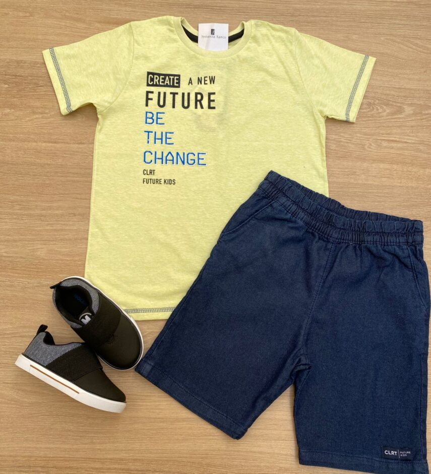 Conjunto Masculino Infantil Camiseta Future Verde e Bermuda Jeans Fernanda Ramos Kids