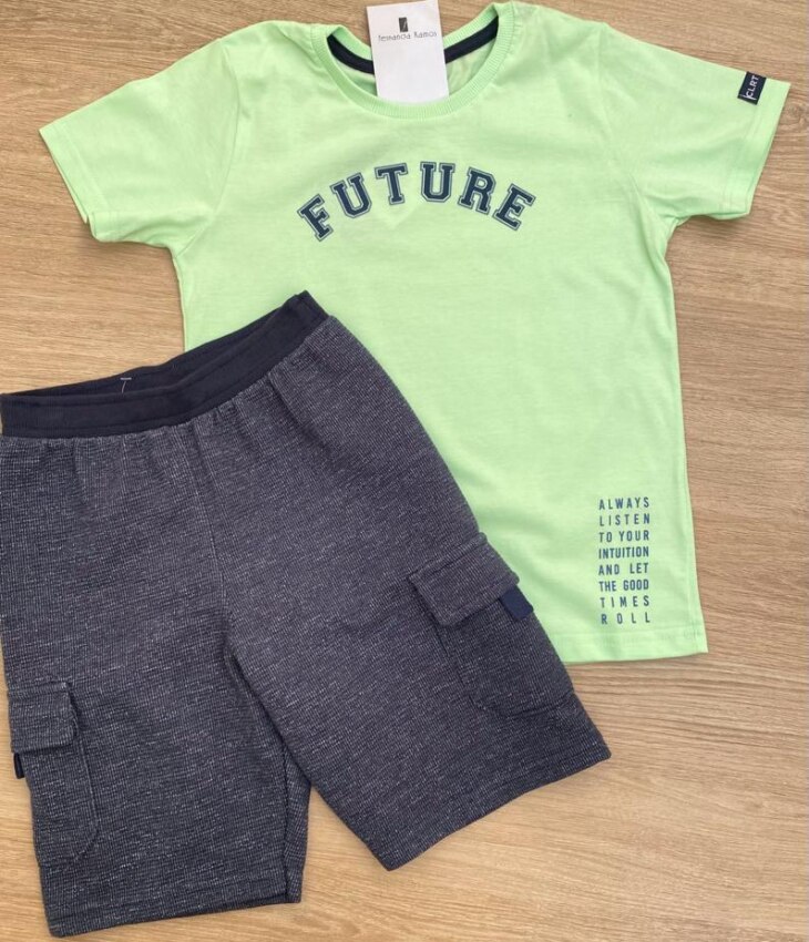 fernandaramoskids com br Conjunto Masculino Infantil Camiseta Verde Future e Bermuda Azul Marinho1