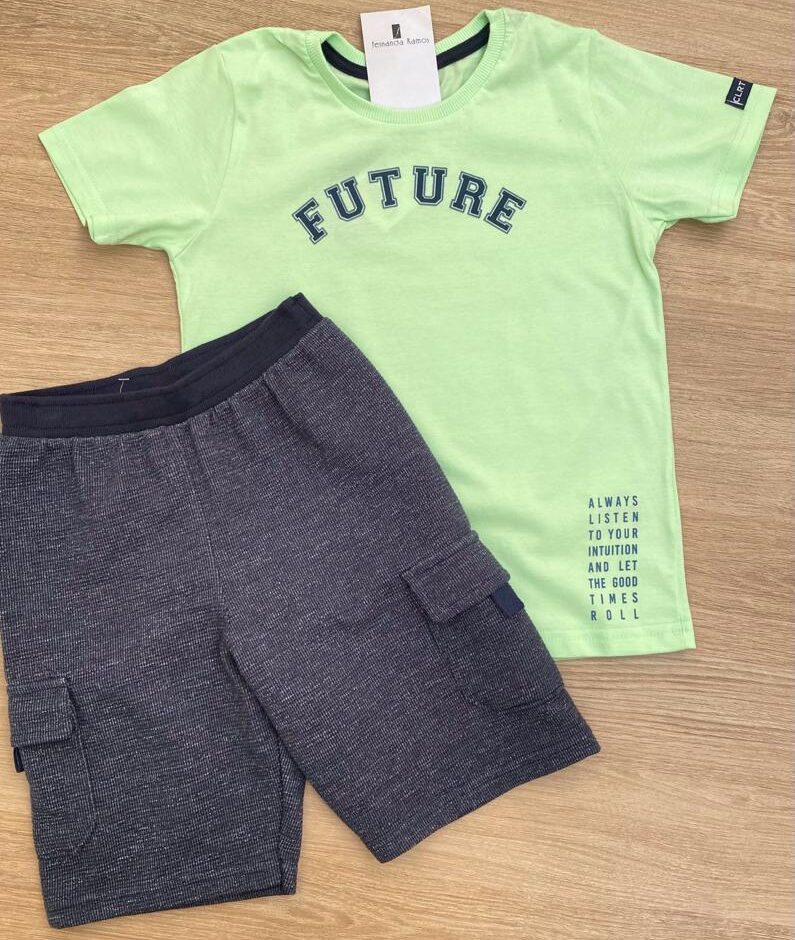 fernandaramoskids com br Conjunto Masculino Infantil Camiseta Verde Future e Bermuda Azul Marinho1
