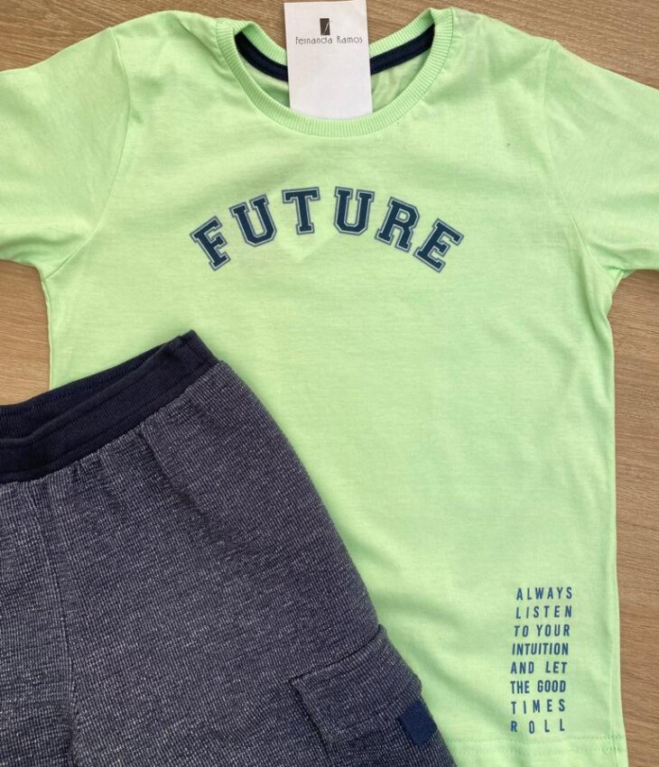 fernandaramoskids com br Conjunto Masculino Infantil Camiseta Verde Future e Bermuda Azul Marinho2
