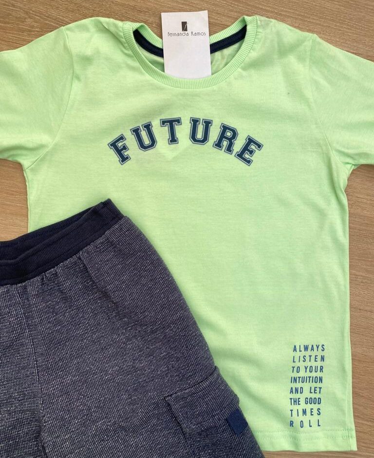 fernandaramoskids com br Conjunto Masculino Infantil Camiseta Verde Future e Bermuda Azul Marinho2