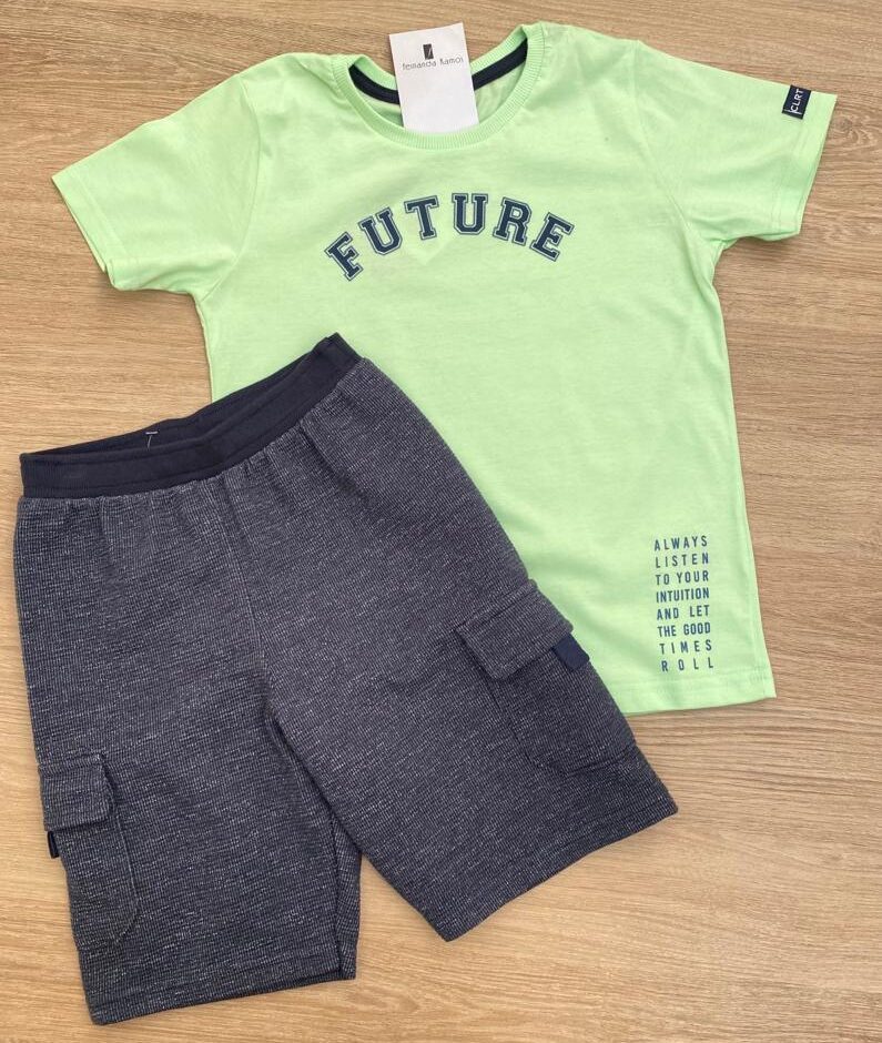 Conjunto Masculino Infantil Camiseta Verde Future e Bermuda Azul Marinho Fernanda Ramos Kids