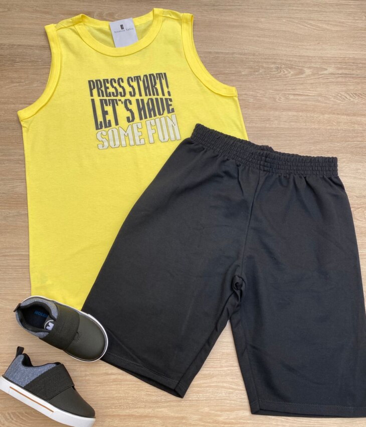 Conjunto Masculino Infantil Regata Amarela Start e Bermuda Preta Fernanda Ramos Kids