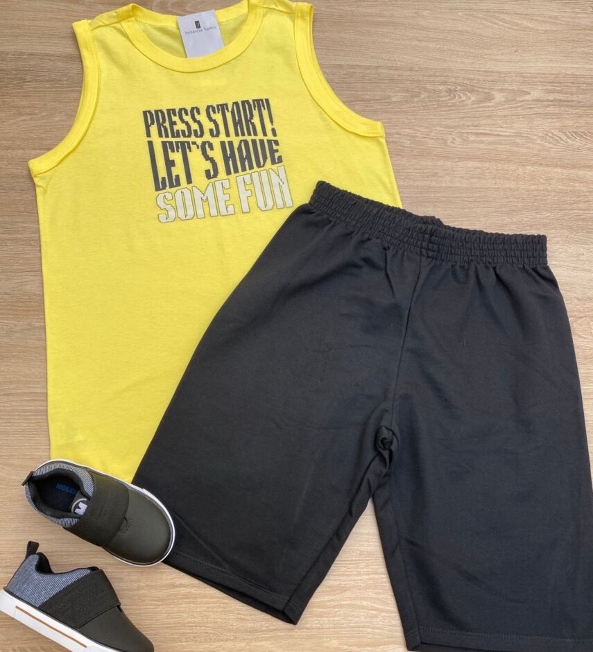 Conjunto Masculino Infantil Regata Amarela Start e Bermuda Preta Fernanda Ramos Kids