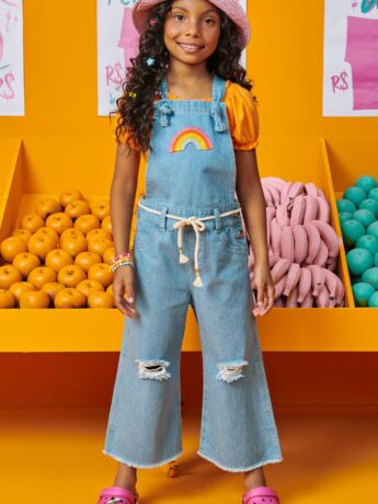 fernandaramoskids com br Macacão Infantil Feminino Jardineira Jeans com Amarração1