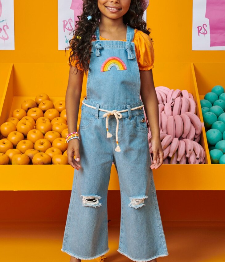 fernandaramoskids com br Macacão Infantil Feminino Jardineira Jeans com Amarração1