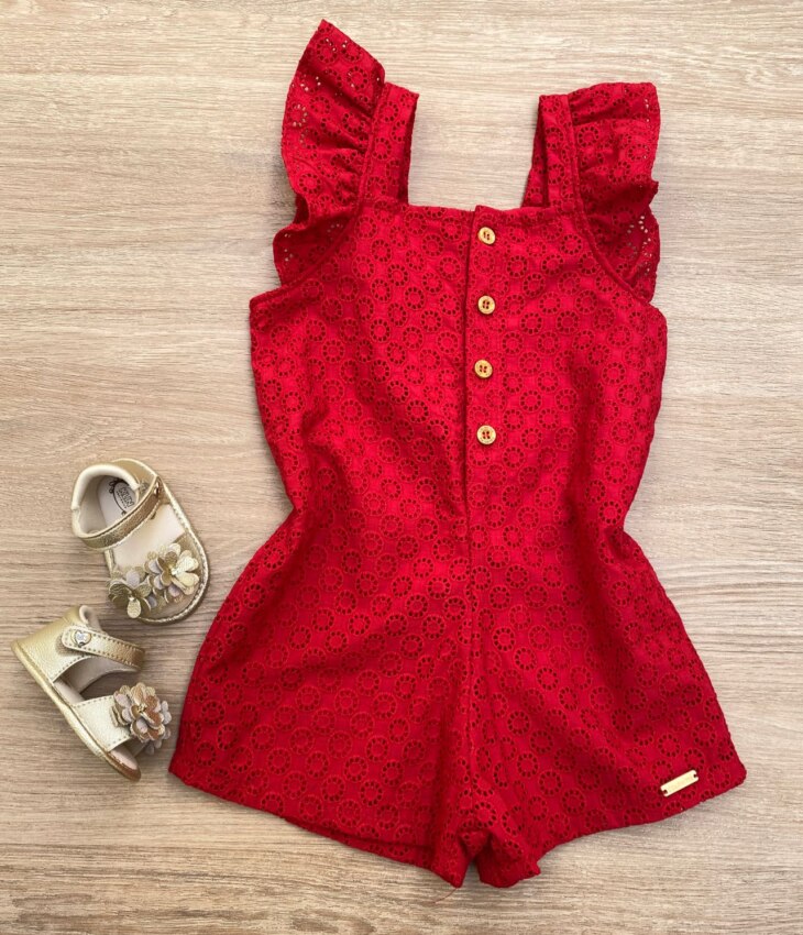 Macaquinho Feminino Infantil Babados nas Alças Laise Vermelho Fernanda Ramos Kids