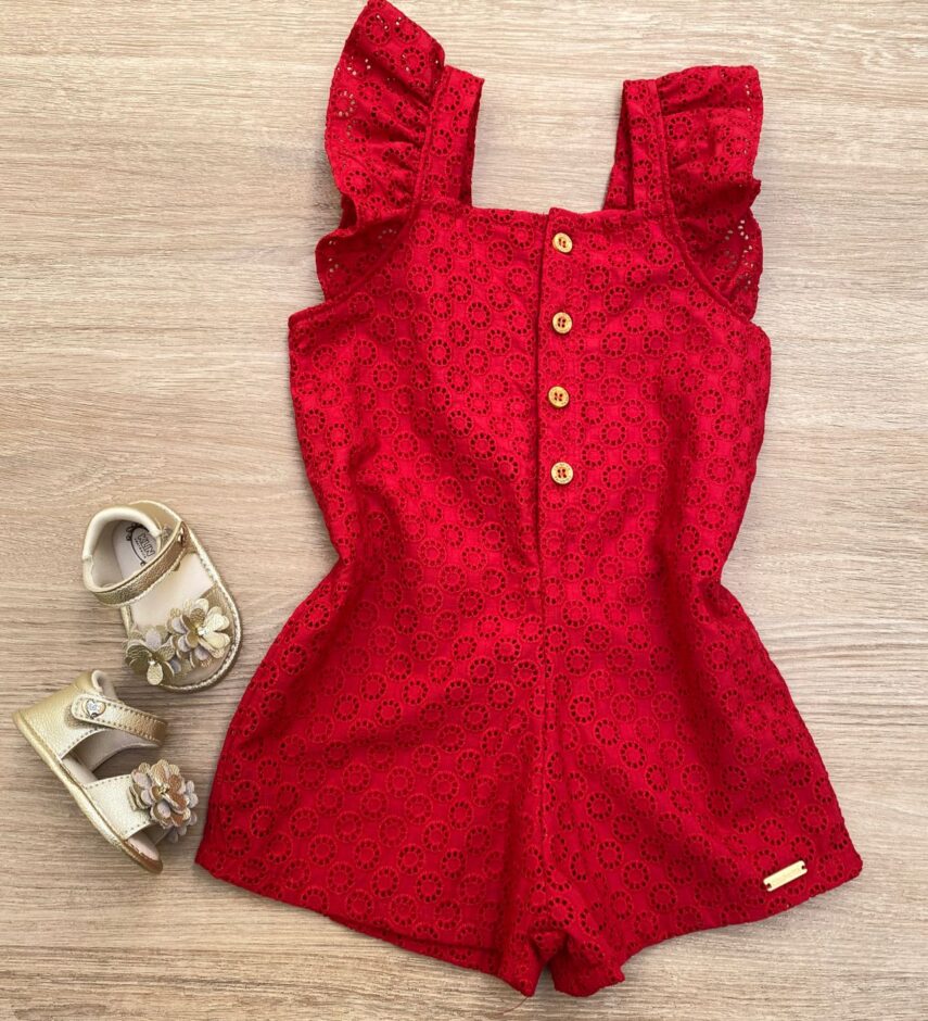 Macaquinho Feminino Infantil Babados nas Alças Laise Vermelho Fernanda Ramos Kids
