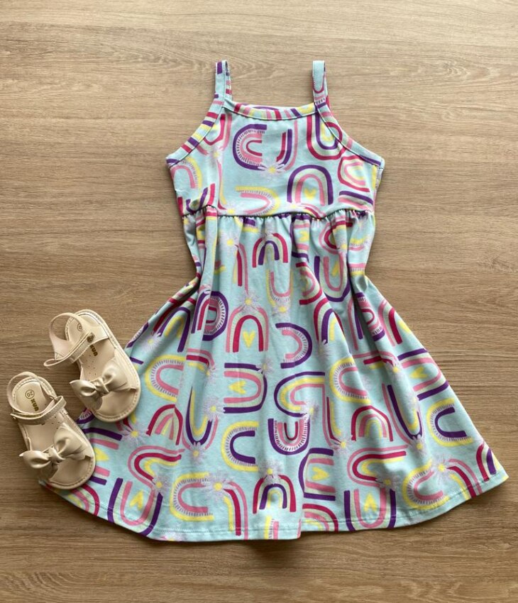 fernandaramoskids_com_br- Vestido Feminino Infantil Alça Fina Estampado com o Fundo Verde Água Fernanda Ramos Kids