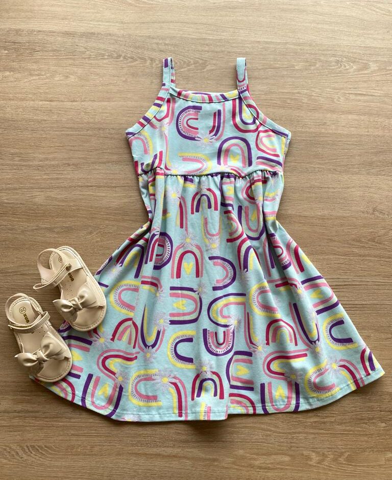fernandaramoskids_com_br- Vestido Feminino Infantil Alça Fina Estampado com o Fundo Verde Água Fernanda Ramos Kids