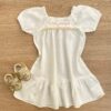 Vestido Infantil Feminino Branco com Manga Princesa e Detalhe de Flor Fernanda Ramos Kids