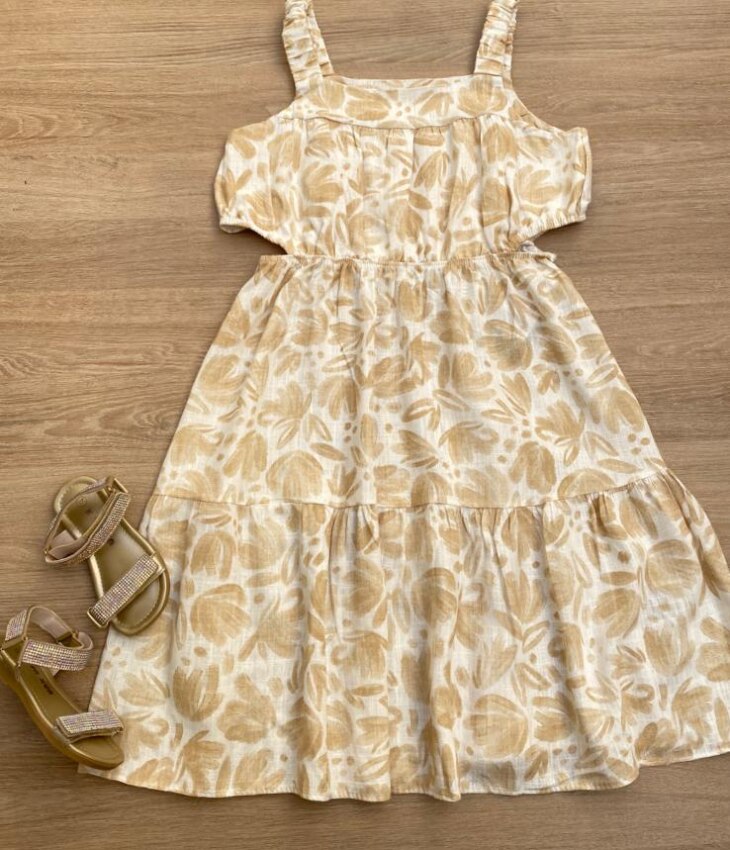 Vestido Infantil Feminino com Abertura Estampado Bege Fernanda Ramos Kids