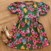 Vestido Infantil Feminino Manga Curta Estampado com Fundo Verde Fernanda Ramos Kids