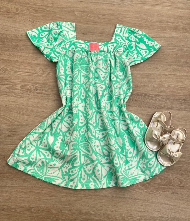 Vestido Infantil Feminino Manga Princesa Estampado de Borboletas Verde Fernanda Ramos Kids