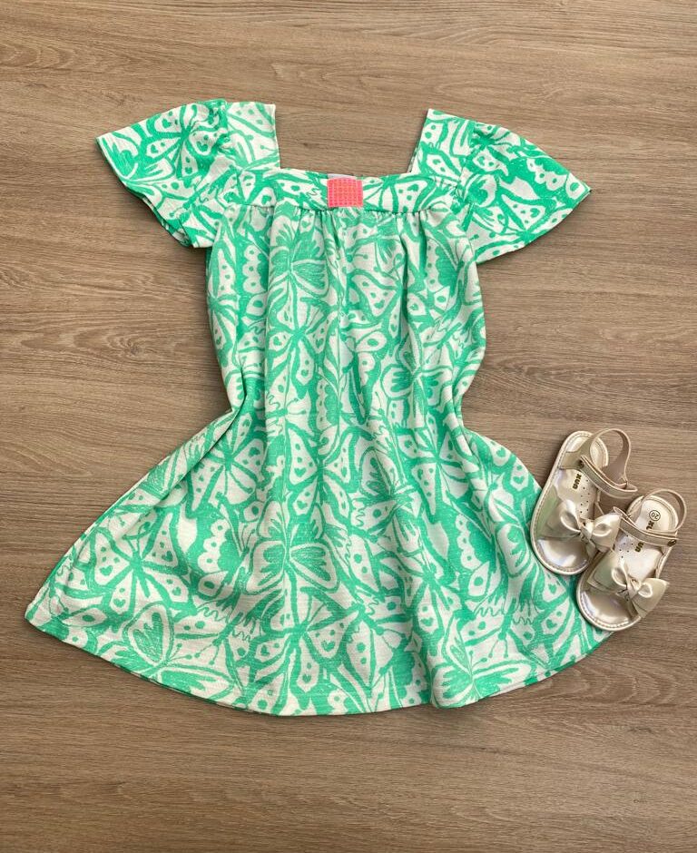 Vestido Infantil Feminino Manga Princesa Estampado de Borboletas Verde Fernanda Ramos Kids