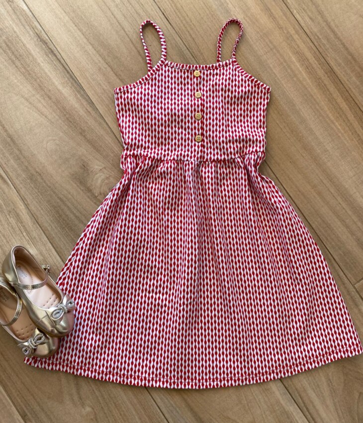 Vestido Infantil Feminino Rodado com Botões Falsos Estampado Fernanda Ramos Kids