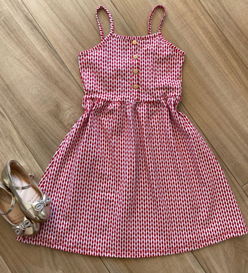 Vestido Infantil Feminino Rodado com Botões Falsos Estampado Fernanda Ramos Kids