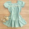 Vestido Infantil Feminino Verde Água com Manga Princesa e Detalhe de Flor Fernanda Ramos Kids