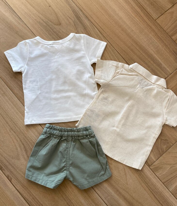 fernandaramoskids com br Conjunto Infantil Masculino Camisa, Camiseta e Bermuda Verde Oliva3
