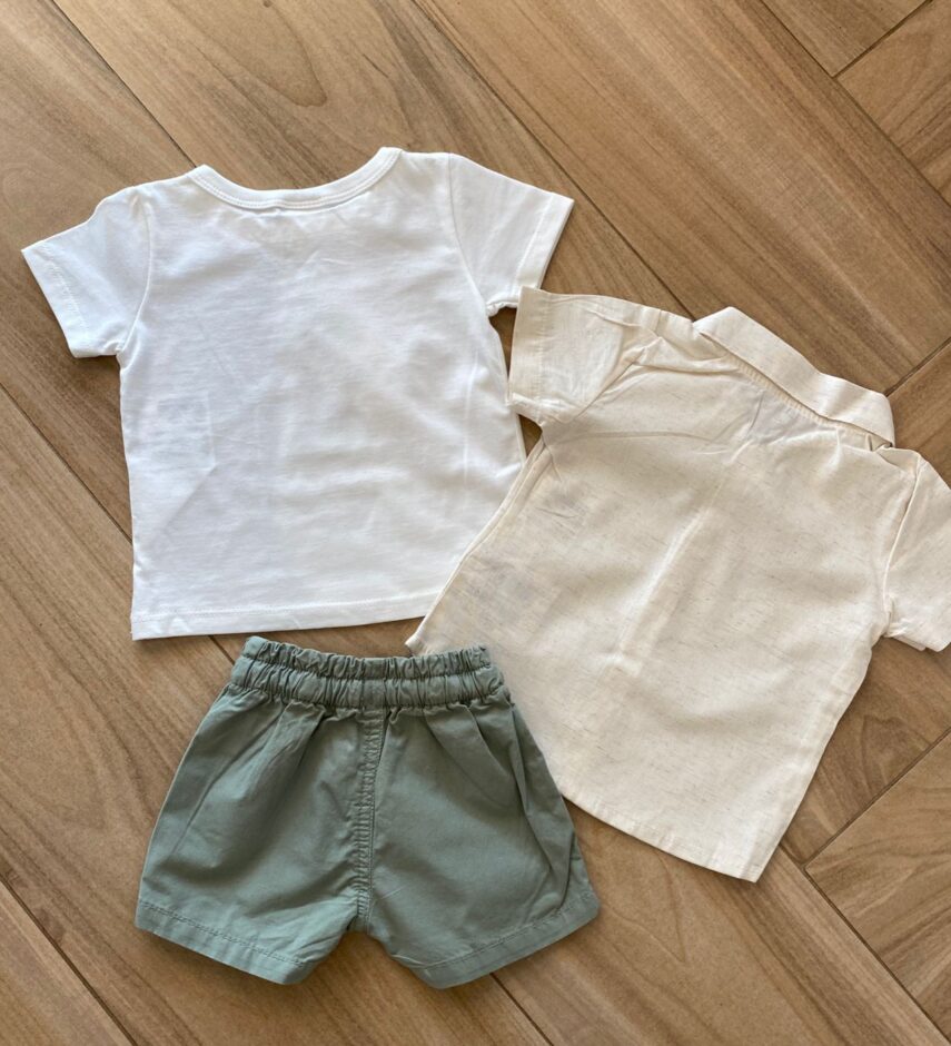 fernandaramoskids com br Conjunto Infantil Masculino Camisa, Camiseta e Bermuda Verde Oliva3