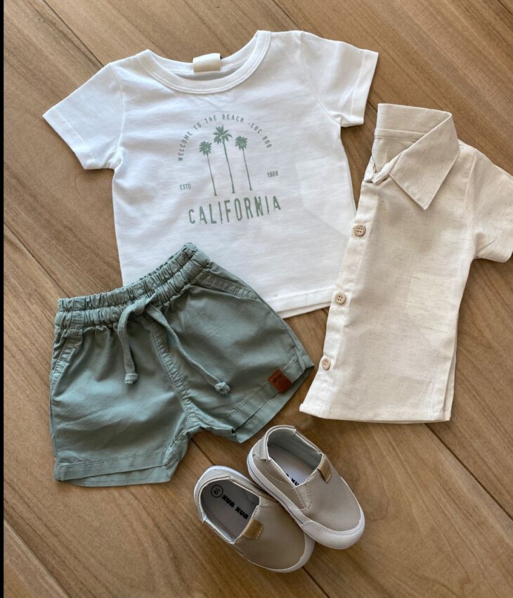 Conjunto Infantil Masculino Camisa, Camiseta e Bermuda Verde Oliva Fernanda Ramos Kids