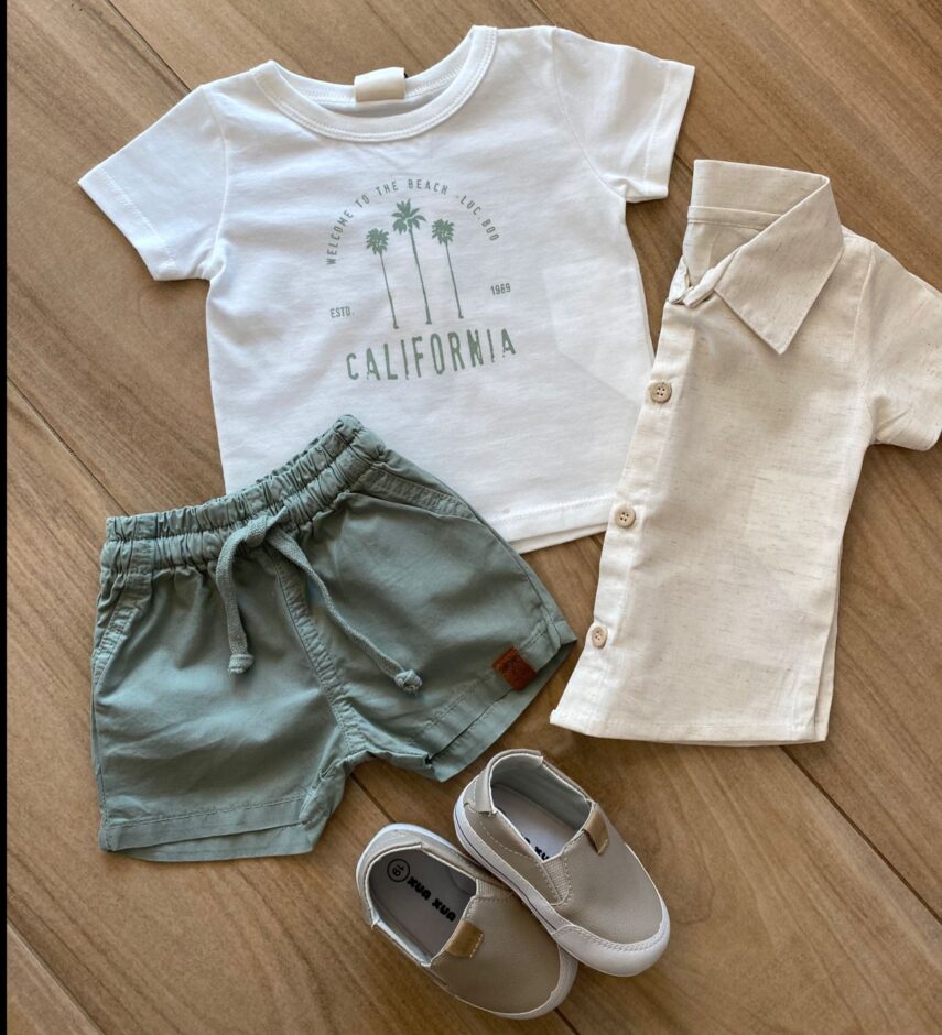Conjunto Infantil Masculino Camisa, Camiseta e Bermuda Verde Oliva Fernanda Ramos Kids