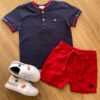 Conjunto Infantil Masculino Camiseta Azul Marinho e Bermuda Vermelha Fernanda Ramos Kids