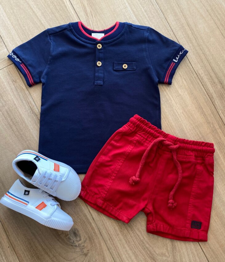 fernandaramoskids com br Conjunto Infantil Masculino Camiseta Azul Marinho e Bermuda Vermelha2