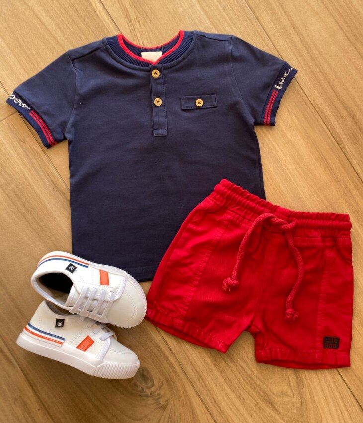 Conjunto Infantil Masculino Camiseta Azul Marinho e Bermuda Vermelha Fernanda Ramos Kids